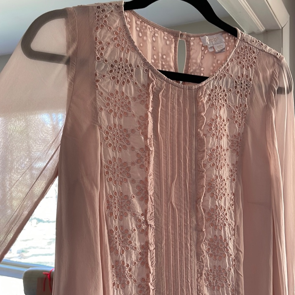 Victorian/Bohemian knee length dress. Chiffon and eyelet. Dusty rose color.